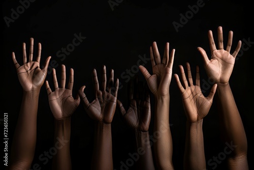 Six black hands. Adult and powerful arms holding air with background. Generate AI