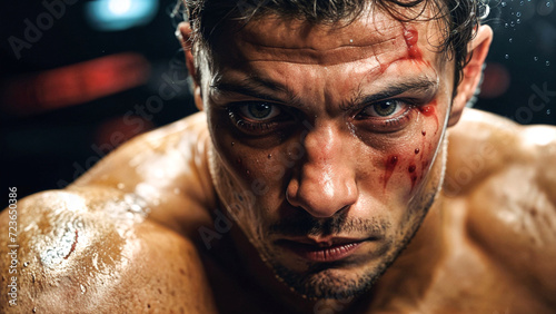 A male boxer with a fierce expression and sweat on his face. He has a cut above his left eye and is wearing red boxing gloves.