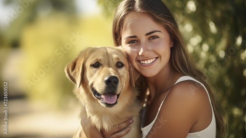smiling girl with her dog happy outdoors