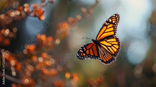 Monarch Butterfly Perched on Orange Blossoms in Sunlit Garden © muhriZ