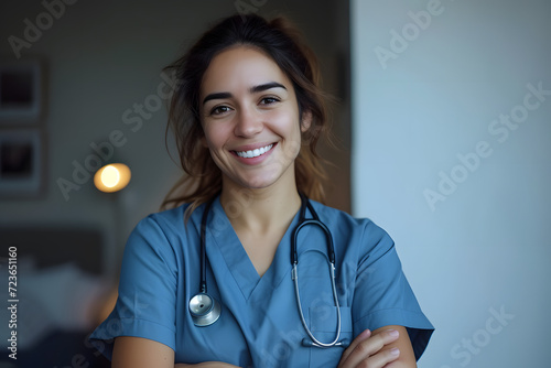 Half-length shot of a nurse with arms crossed. Nurse at home. Caring for others.