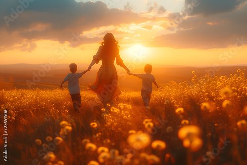 Happy mother playing with her sons in a beautiful landscape on sunset. Mother's day