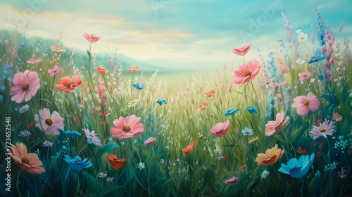 oil painting illustration of a field where whimsical wildflowers dance © Pter