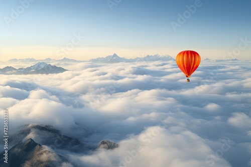 Red balloon floating high above the clouds