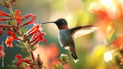 Ruby-Throated Hummingbird Hovering Near Vibrant Red Flowers in Golden Hour Light