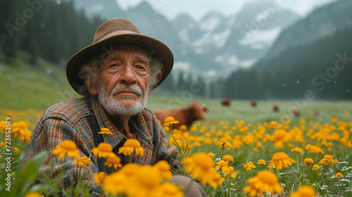 Old man with a cow in the field.