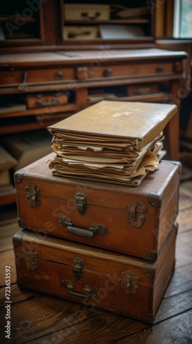 A stack of old books and suitcases in an abandoned room