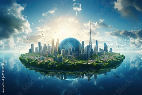 A futuristic city floating in the sky, surrounded by a water body © shelbys