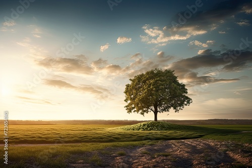 Serene Sunset over a Lone Tree on a Barren Land