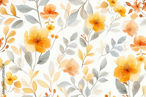 Delicate watercolor floral pattern, seamless illustration with abstract flowers, plants and leaves for textile, wallpapers or decoration texture on white background
