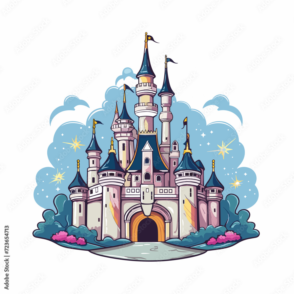 Realistic Flat Color Vector Illustration of Magic Castle Mascot Logo on White Background