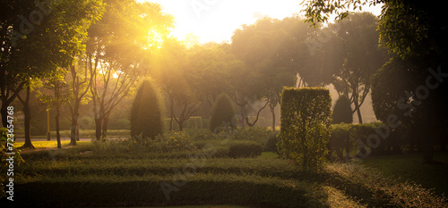 Banner Paris green park Fountain in garden sunlight on sunrise. Panorama Paris Garden with fountain and green bush in morning. Blurred background nature park fountain scenic with copy space photo