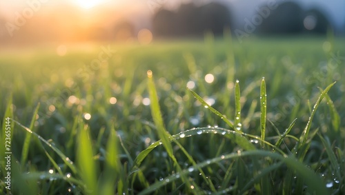 Dewy grass field at dawn, with the light creating a rainbow effect in the droplets. generative AI