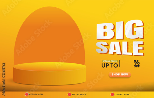 big sale discount template banner with copy space 3d podium for product sale with abstract gradient orange and yellow background design