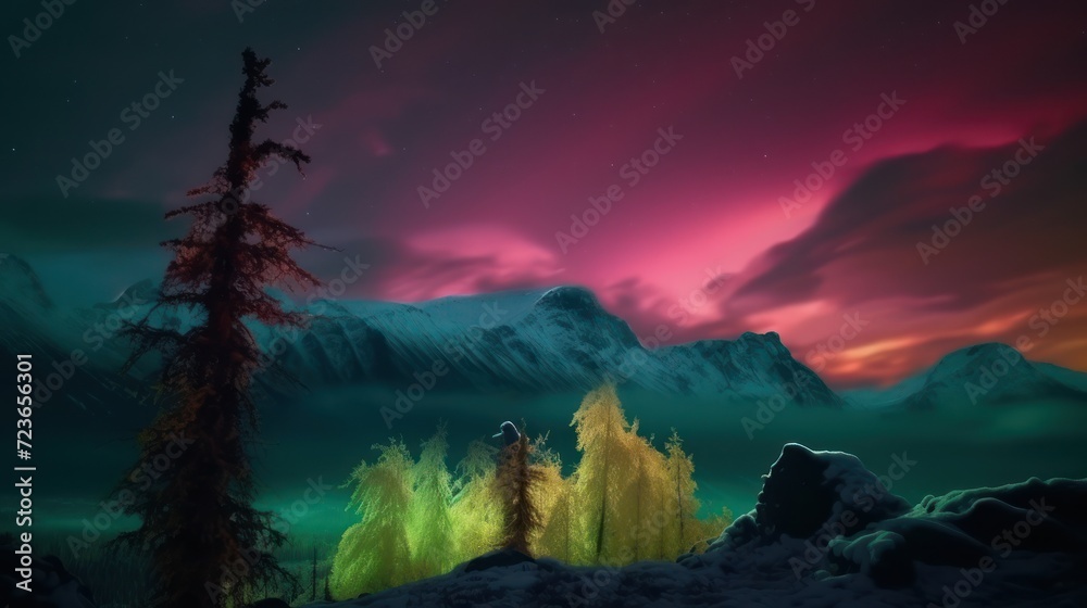 Colorful evening in the snowy mountains. Generative AI