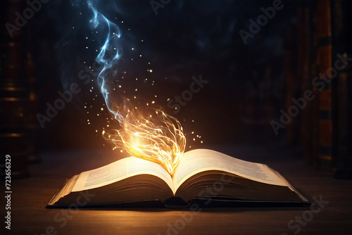 Magical book with glowing fire and smoke on dark background. Knowledge concept