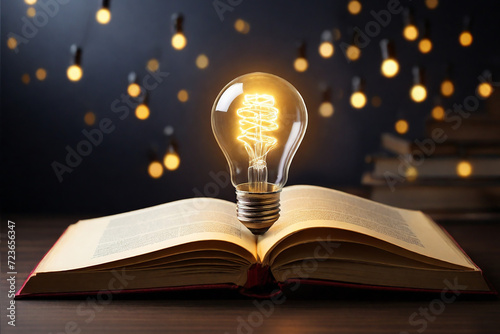 Light bulb glowing on book, idea of ​​inspiration from reading, innovation idea concept, Self learning or education knowledge and business studying concept.