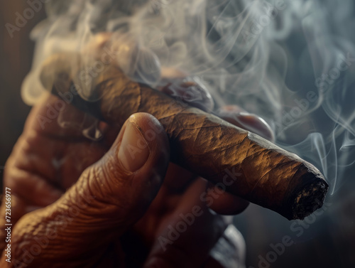 Close-up of a smoking cigar in the hands of a man © SashaMagic