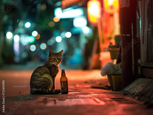 The lonely kitten meowed sadly, hungry and abandoned on the dirty street. © SashaMagic