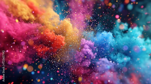 Vivid explosion of colored powder captured against a dark background, resembling a cosmic event