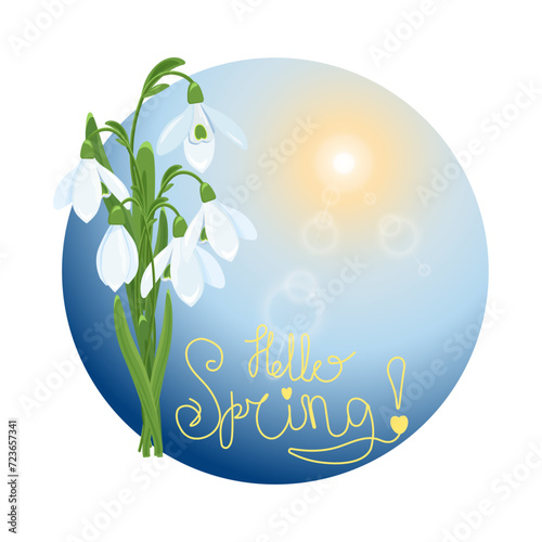 The Day of Snowdrops, snowdrop, March 1, spring flowers, March 8th, April 14th, spring postcard, sunshine, spring card, spring banner for seasonal sale. Galánthus nivalis. Spring flower 