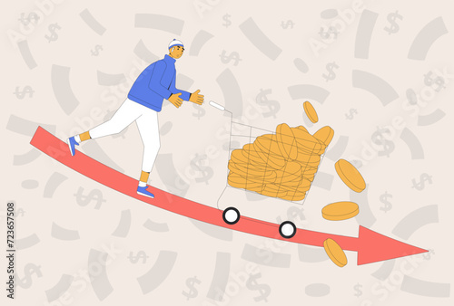 Inflation. loss of money. Investment fail. Economical finance crisis. Vector flat illustration