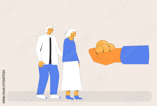 Financial assistance help and support elderly people. Senior couple get money from fund. Retirement savings. Finance for elderly people. Pension plan. Vector flat illustration