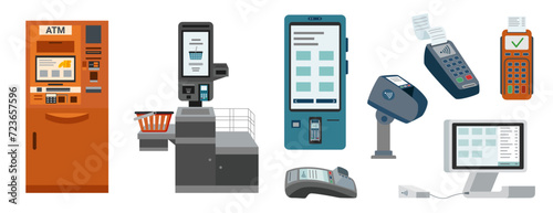 Set of contactless payment devices in flat style isolated on white. Payment terminal, ATM machine, self checkout, kiosk.