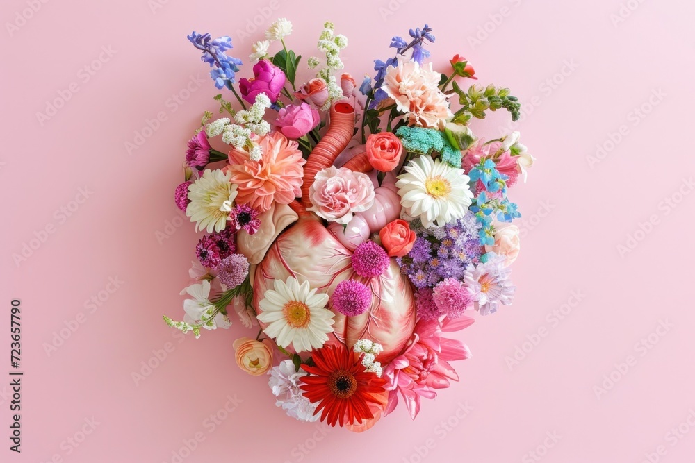 Stunning heart formed with a diverse selection of bright flowers on a pale pink background