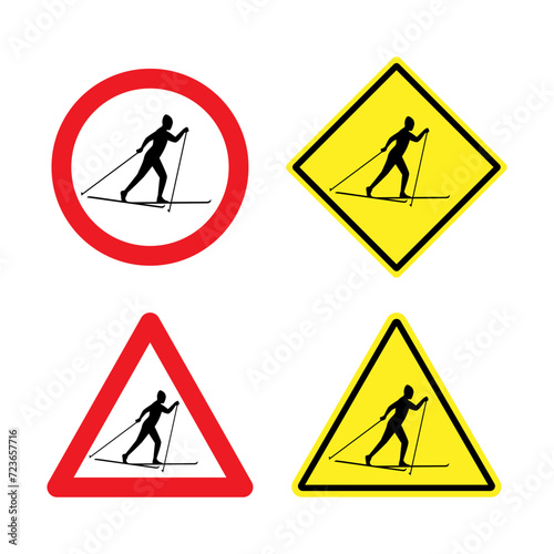 Set of skier warning signs, cross-country skiing attention signs.