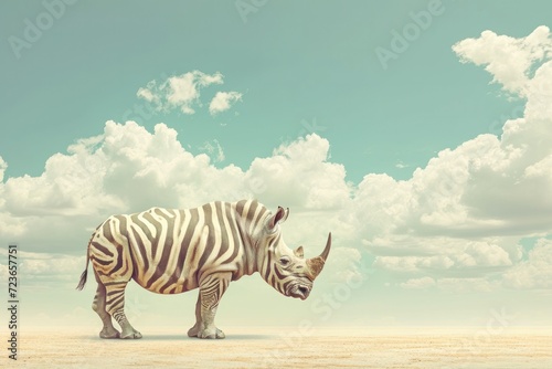 A digitally altered rhinoceros with zebra stripes stands in a vast desert under a blue sky with fluffy clouds