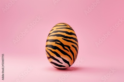 A unique egg adorned with vivid tiger stripes on a simple pink background exemplifies artistic surrealism photo