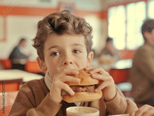 A hungry schoolboy eats a delicious burger during lunch. Retro style.