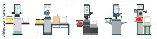 Set of self-service and self payment checkouts in the supermarket isolated on white. Self-service terminal. Contactless payment.
