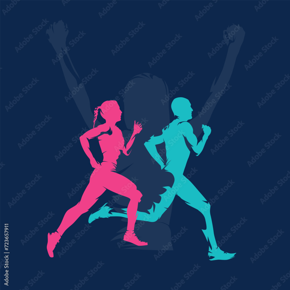 Run, running people - man and woman - isolated vector silhouette, side view