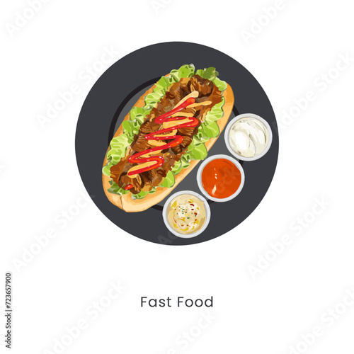 Hand drawn vector illustration of hot dog with various sauce on plate