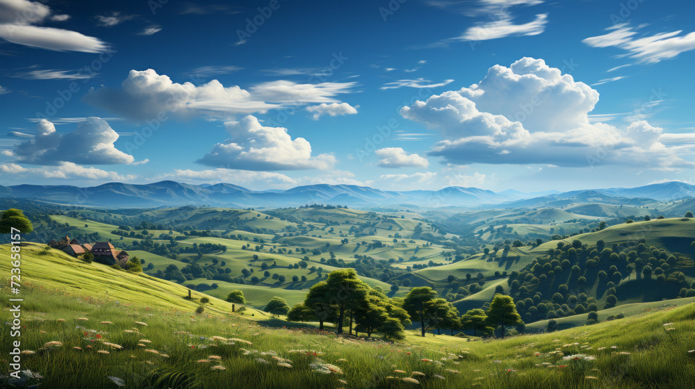 Fototapeta premium Captivating Nature's Visual Symphony: Inspiring Vistas of Mountains, Meadows, and Scenic Countryside, generative AI