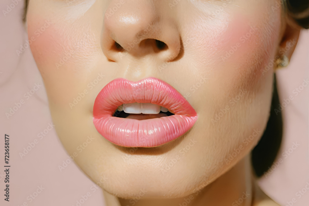 Naklejka premium A captivating portrayal of lip care and makeup artistry. Focus on a closeup of radiant lips. Making it a true work of cosmetic art
