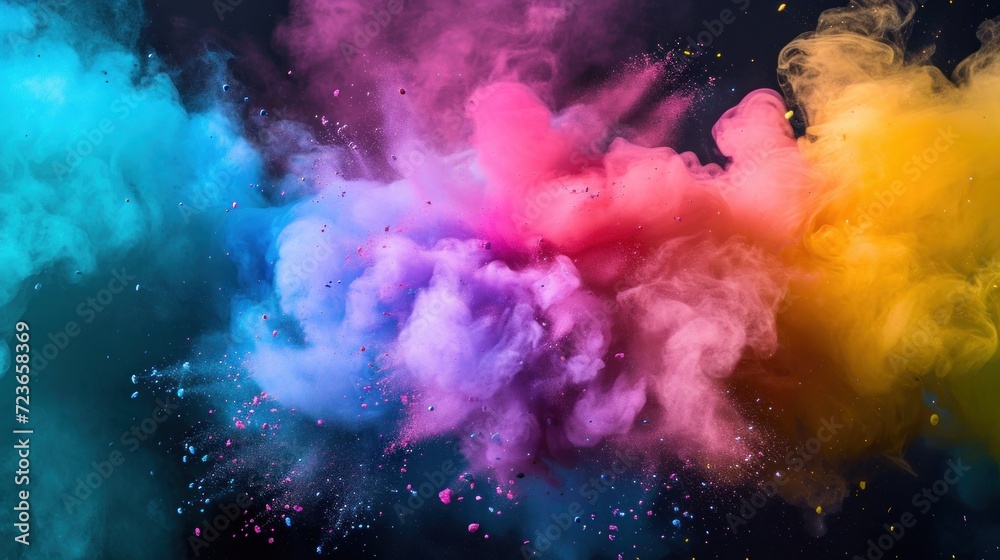 A mesmerizing cloud of colorful smoke diffuses against a dark backdrop, creating an abstract ethereal image