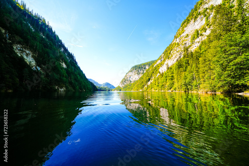 View of Lake Toplitz and the surrounding landscape. Idyllic nature by the lake in Styria in Austria. Mountain lake at the Dead Mountains in the Salzkammergut.
 photo