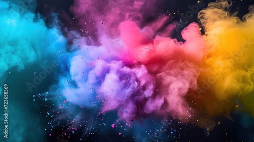A mesmerizing cloud of colorful smoke diffuses against a dark backdrop, creating an abstract ethereal image photo