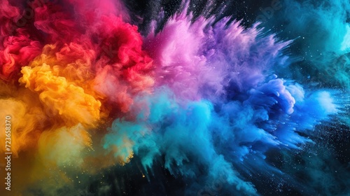 Intense and vibrant smoke explosion captured in high detail, exhibiting a chaotic blend of colors and shapes