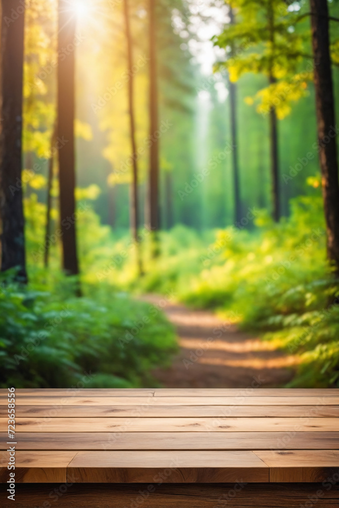 Wooden table top on blurred background of color landscape in forest - For product display Wooden table top on blurred background of color landscape in forest - For product display