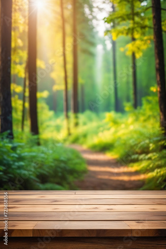 Wooden table top on blurred background of color landscape in forest - For product display