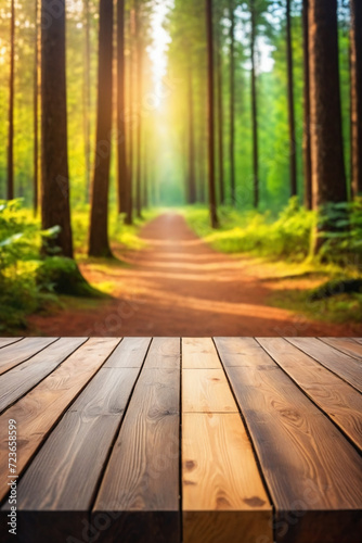 Wooden table top on blurred background of color landscape in forest - For product display