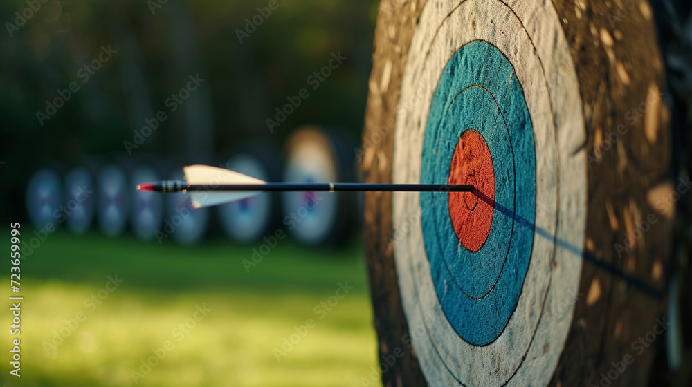 An arrow at the target on an archery field
