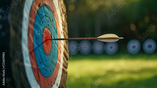 An arrow at the target on an archery field