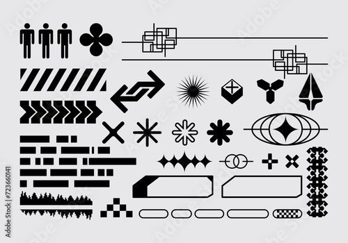 Futuristic abstract asset streetwear element collection acid shape vector icon y2k Bundle HUD interface game technology separated editable