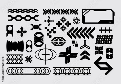 Futuristic abstract asset streetwear element collection acid shape vector icon y2k Bundle HUD interface game technology separated editable