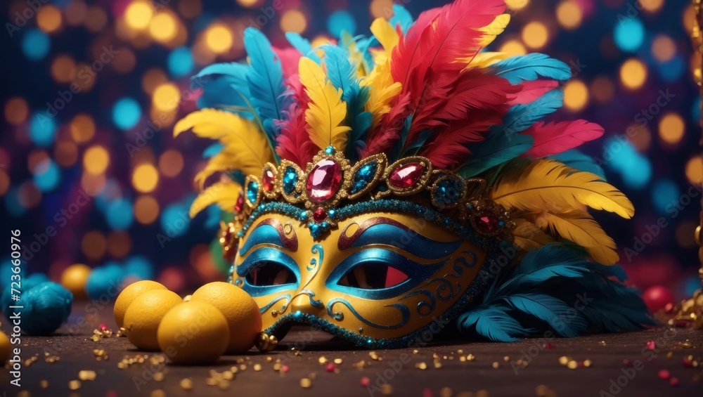 Illustration of carnival mask with decorations and bright colors. Perfect for posters.